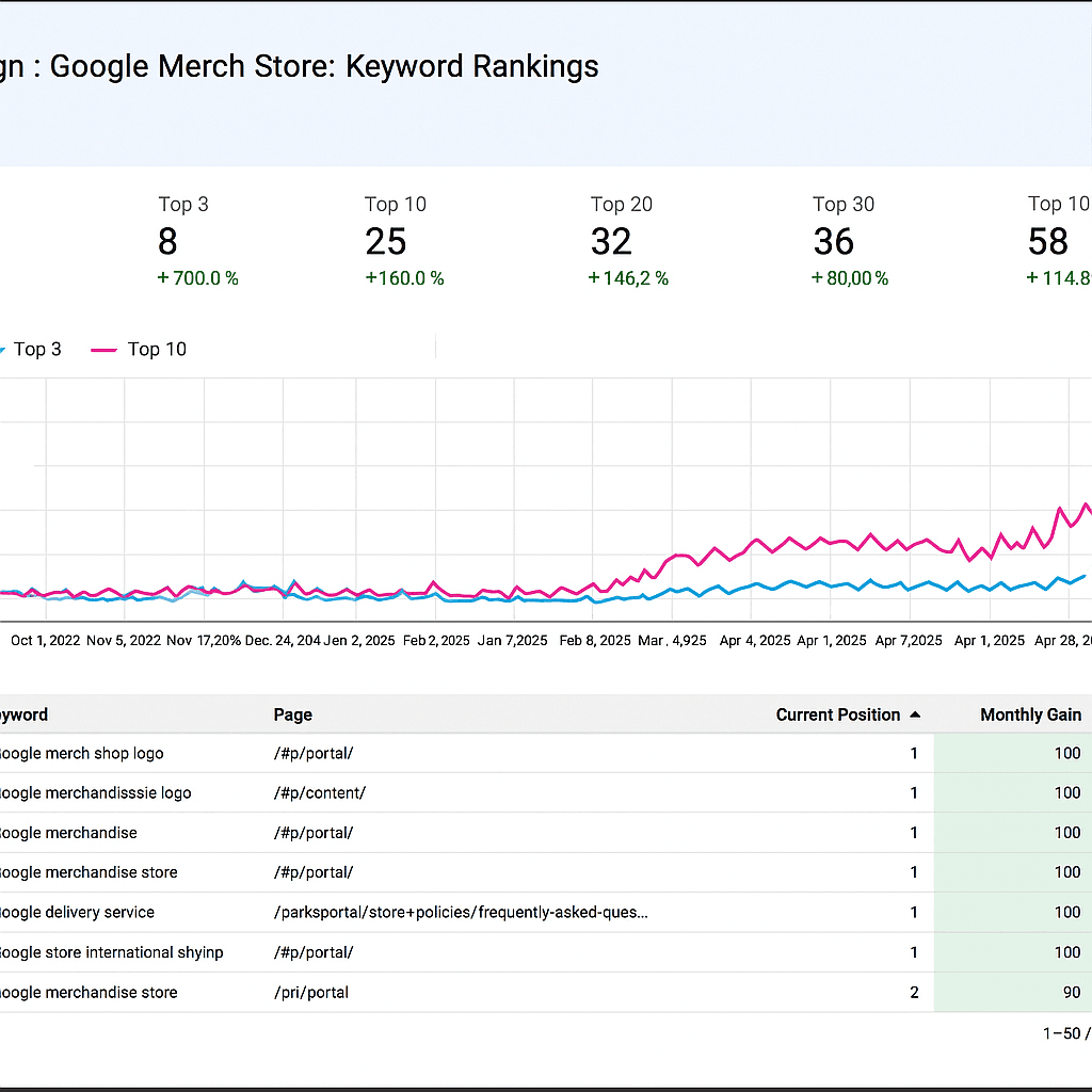 Analytics dashboard focused on ranking evolution for Google Merch Store—see Top 3, Top 10, Top 100 clearly between October 2024 and April 2025, with a focus on top-performing keywords and growth trends at the end of April
